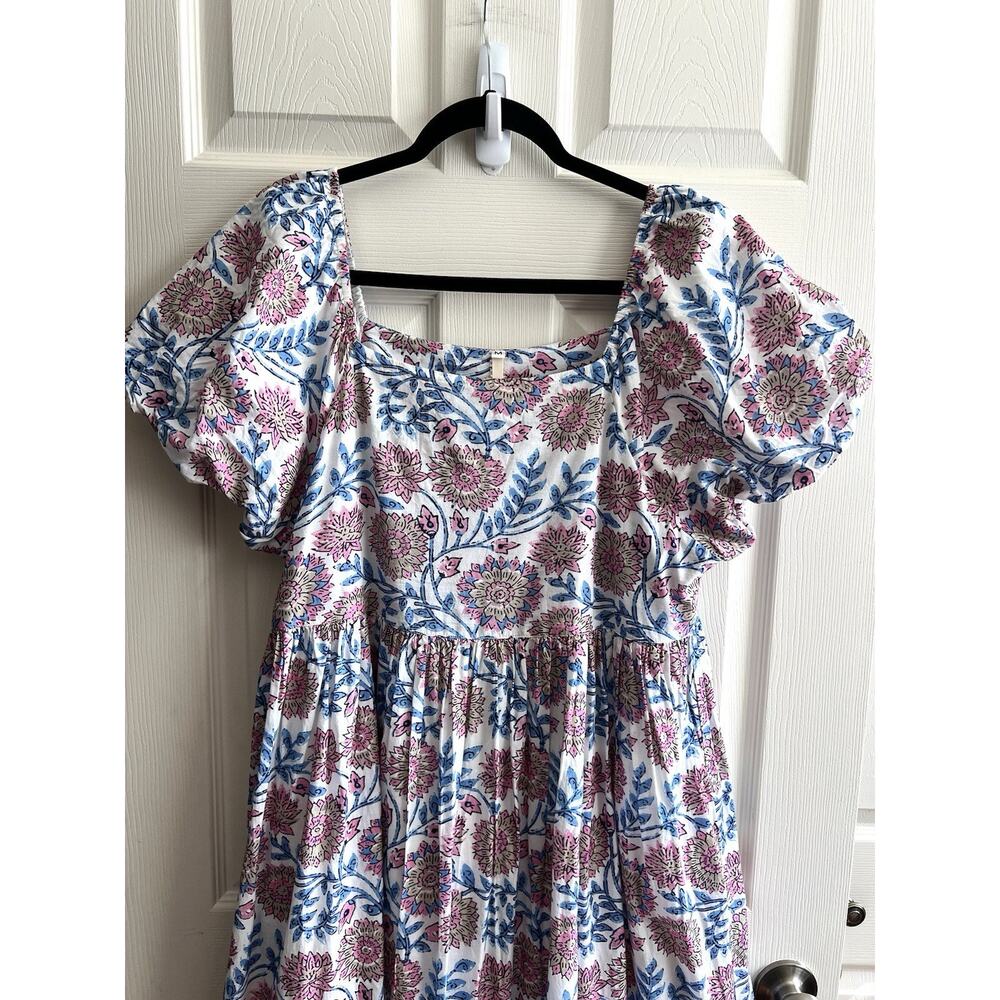 UNCLE FRANK 100% Cotton Pink Blue Floral Puff Sleeve Tiered Midi Dress Sz M - Picture 3 of 12
